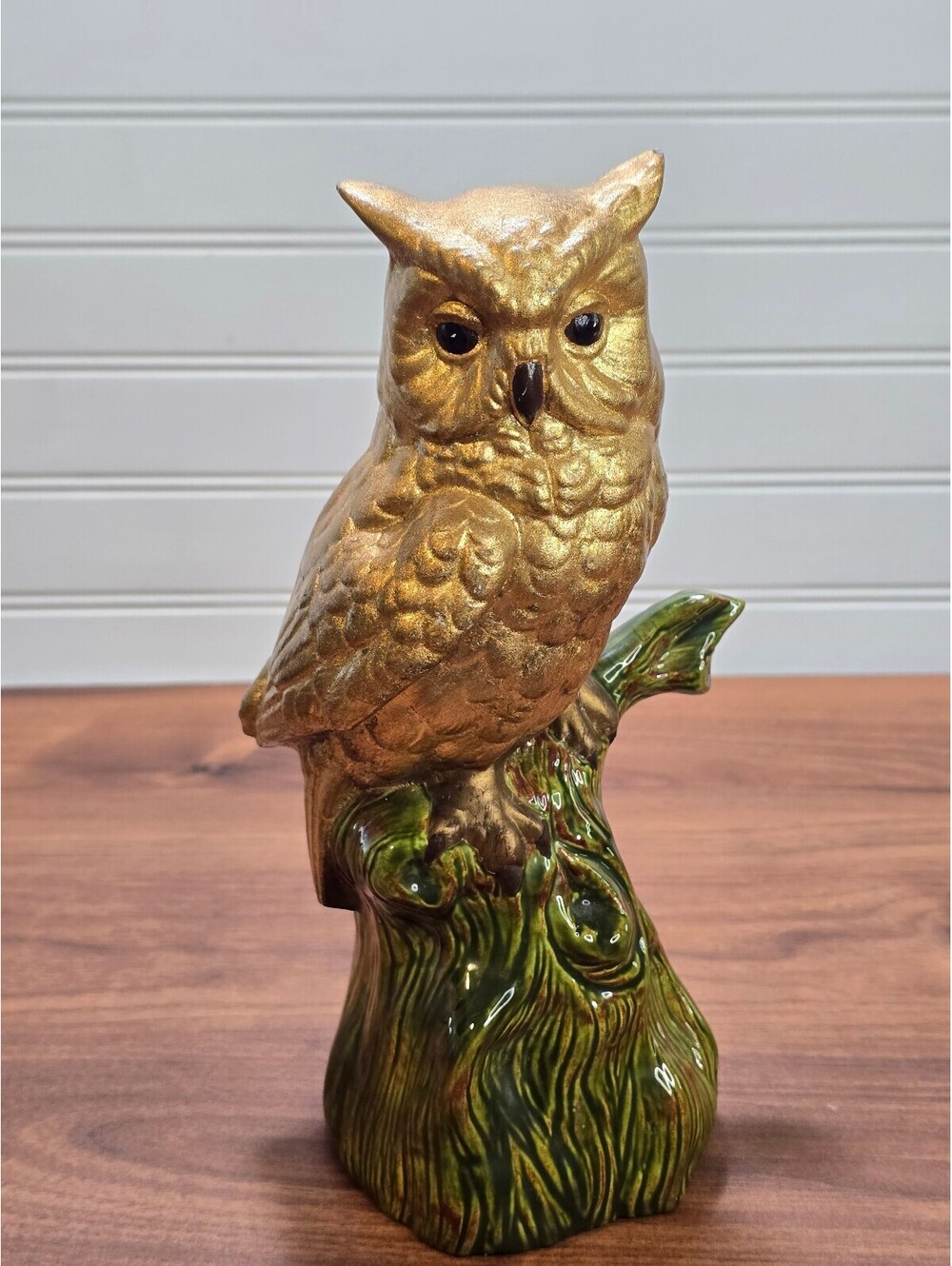 Vintage Gold Owl Ceramic Figurine Woodland Bird Mid Century Home Decor